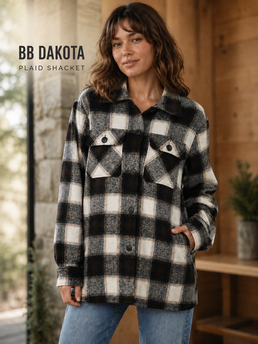 BB Dakota Plaid Shacket Jacket Women’s L Black Cream Oversized Cozy Coat